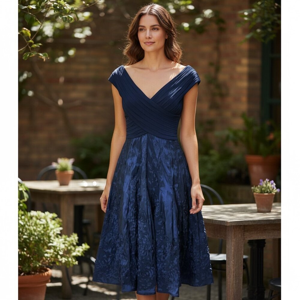Adrianna Papell V-Neck Taffeta A-Line Fit &‎ Flare Dress 8 Dark Navy Blue #211B